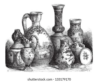 Various Earthenwares, found in Nevers, France, vintage engraved illustration. Le Magasin Pittoresque - 1874