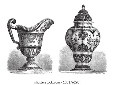 Various Earthenwares, found in Rouen, France, vintage engraved illustration. Le Magasin Pittoresque - 1874