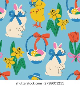 Various Easter symbols. Cute bunny or fluffy rabbit, basket full of colorful eggs, cute chicks with hat, tulip, narcissus, ribbon bow. Hand drawn Vector illustration. Square seamless Pattern