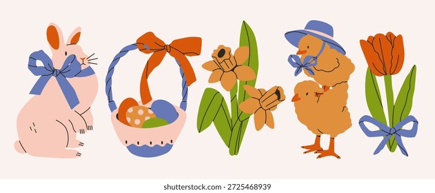 Conjunto de varios símbolos de Pascua. Conejito lindo o conejo esponjoso, cesta llena de huevos coloridos, pollitos lindos con sombrero, tulipán, narciso, lazo de cinta. Ilustración vectorial dibujada a mano. Elementos de diseño aislados