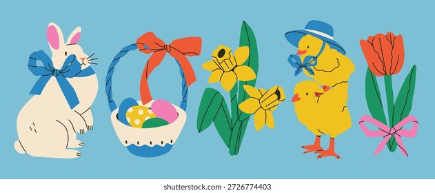 Various Easter symbols set. Cute bunny or fluffy rabbit, basket full of colorful eggs, cute chicks with hat, tulip, narcissus, ribbon bow. Hand drawn Vector illustration. Isolated design elements