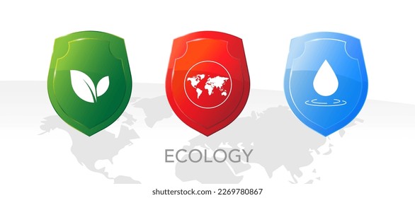 Various eco logos protection shield, map, accompanied drops of water concept. Safety badge and plant icons on white background. Ecological shield label. Presentation sticker shape. Vector illustration