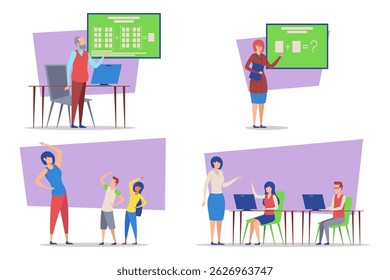 Diversas actividades educativas en el aula. Instructores que involucran a los estudiantes con tableros interactivos y lecciones prácticas que promueven la participación activa