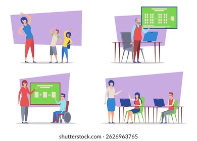 Various educational activities highlighting interaction among students and teachers. Inclusive learning environments and collaborative discussions in classrooms concept