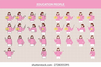 Vários elementos educacionais pose de uma professora