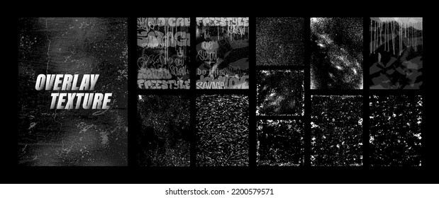 Various effects Overlay Texture stamps. Graffiti, grunge, spray, grain, dust effects set. Vector von overlay texture. Vintage effects, street art graffiti, spray grunge, Grain noise particles. Stamps