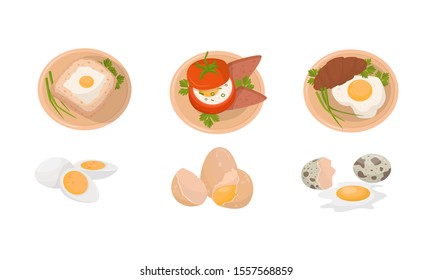 Various Egg Dishes For Breakfast, Brunch Or Lunch Vector Illustration Set Isolated On White Background