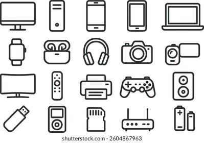 Various electronic devices and accessories are arranged neatly. Items include laptops, smartphones, headphones, and cameras, reflecting contemporary tech trends.