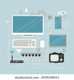 Сonnecting various electronic devices to computer, hardware. Computer and connected mobile devices concept with links of information transfer to various data storages. flat vector illustration