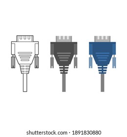 Various electronic wire connectors and inputs, jacks and plugs vector icon set. Three versions of one type of connectors - outline, monohrome and colorful