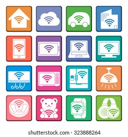 Various electronics appliances and wireless communication icon