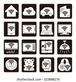Various electronics appliances and wireless communication icon