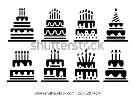 Various elegant and delectable cakes silhouette with lit candles
