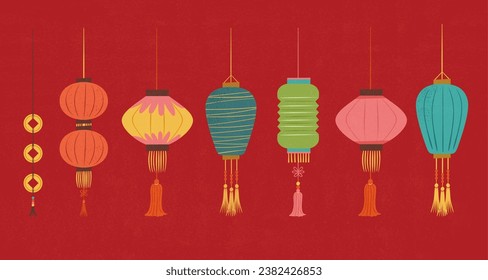 Various elegant lanterns isolated on vibrant red background.