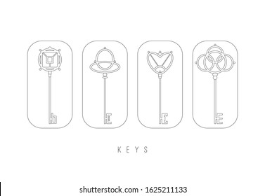 Various elegant Outline vintage, retro Keys. Minimalistic icons. Graphic vector set. Simple design. Trendy illustration. Every icon is isolated on white background