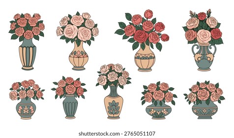 Various elegant vases filled with beautiful rose bouquets in pink and red tones create a classic and romantic collection of floral still life.