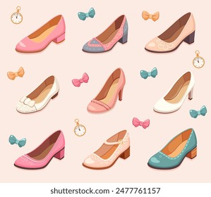 Various elegant womens shoes with distinct designs, along with bows and watches on a soft-colored background. Vector illustration