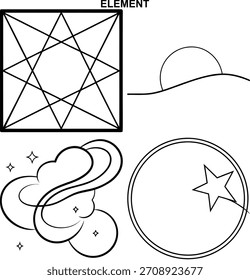 Varios símbolos elementales que muestran nubes de sol de estrella cuadrada y estrella circular