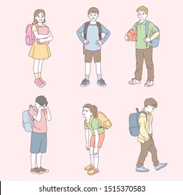 Various Elementary School Student Character Set. Hand Drawn Style Vector Design Illustrations. 