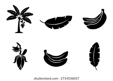Verschiedene Elemente von Bananen in schwarz-weiß dargestellt, darunter ein Baum, Blätter und Bananenfruchtcluster. Einfach und stilvoll