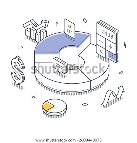 Various elements of business statistics are showcased in an isometric line art style. These include pie charts, graphs, and financial symbols. Vector illustration
