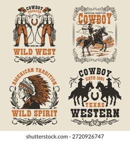 Varios Elementos de la vida de los vaqueros en el salvaje oeste, incluidos los vaqueros a caballo, la cultura nativa americana y los símbolos de las tradiciones occidentales. Refleja el espíritu de esta época.