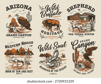Various elements of cowboy life in the wild west. Different animals and landscapes are illustrated highlighting the rugged nature of this region.