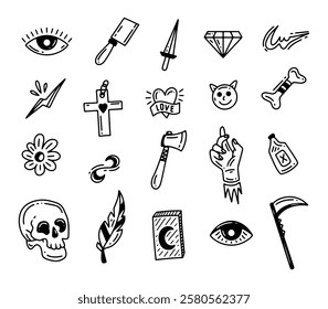 Various elements of doodle tattoo isolated on white background