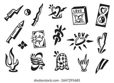 Various elements of doodle tattoo isolated on white background