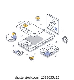 Various elements of electronic payment systems, including a mobile device, digital cards, and financial charts. Modern line art isometric vector illustration