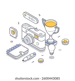 Various elements essential for content creation in isometric line art. A camera, trophy, light bulb, notepad, and pen showcase the creative process and tools used. Modern vector illustration