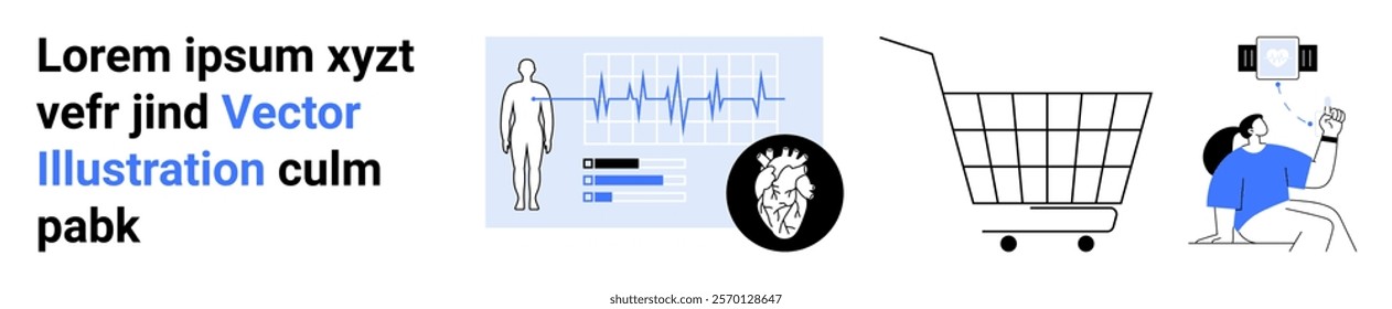 Various elements including health monitoring, online shopping, and people taking photos using a selfie stick. Ideal for healthcare, e-commerce, technology, lifestyle, and entertainment. Banner