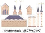 Various elements of medieval architecture including tall towers, crenelated walls, spires, and stone buildings. Ideal for history, architecture, education, fantasy, storytelling. Flat design style