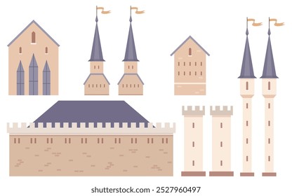 Various elements of medieval architecture including tall towers, crenelated walls, spires, and stone buildings. Ideal for history, architecture, education, fantasy, storytelling. Flat design style