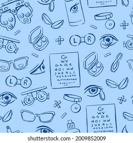 Various Elements Of Optometry, Lenses, Eyes, Glasses On A Blue Background Seamless Pattern. Drawn. Doodle Vector Background.