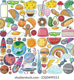 Various Elements in Pencil Colour Sketch Simple Style illustration