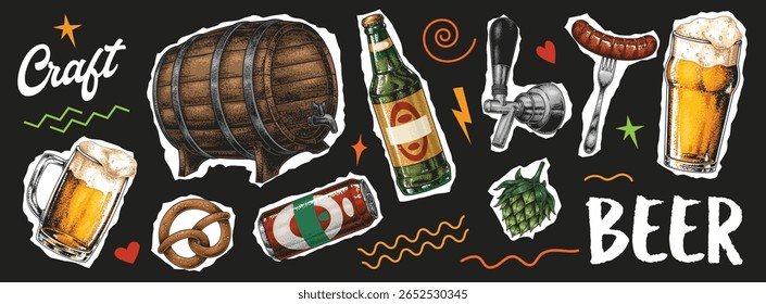 Vários elementos relacionados à cerveja artesanal são ilustrados mostrando um barril garrafas copos salsichas e pretzels.
