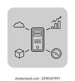 Various elements related to cryptocurrency and technology. Central device connected to cloud storage, growth metrics, and data systems, symbolizing integration