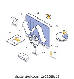 Various elements related to data analysis, including charts, graphs, and magnifying glass, emphasizing the importance of visualizing growth trends for businesses. Modern isometric vector illustration