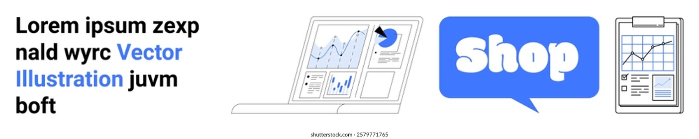 Various elements representing online shopping and data analysis, including charts on a laptop screen, a Shop sign in a blue speech bubble, and a clipboard with graphs. Ideal for e-commerce, online