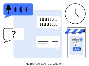 Various elements such as a microphone icon, binary code, a clock, a question mark, and a shopping cart on a mobile screen. Ideal for communication, technology, coding, e-commerce, time management
