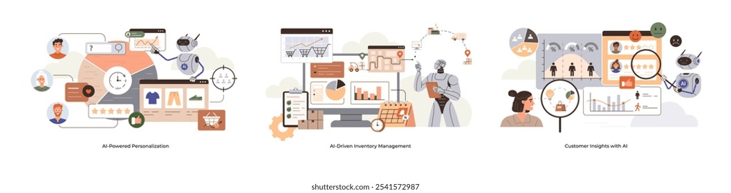 Various elements such as robots, charts, and magnifying glass, representing AI-powered process automation, data-driven management, and customer insight analysis. Ideal for business innovation