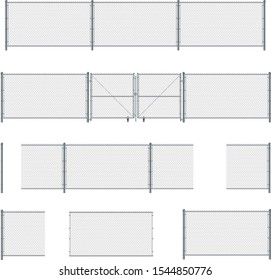 Various elements of wire fence: gate, posts, stainless steel mesh.