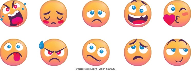 Various emoji expressions showcasing different emotional states on faces.