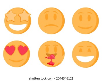 Various emoji faces flat icons big set for web design. Cartoon yellow emotion circles icons smiling, laughing and crying isolated vector illustrations. Feeling expression and communication concept