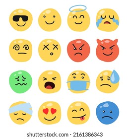 Various emoticon face illustration and icon for expressing emotions in chats in chat rooms. Vector flat illustration.