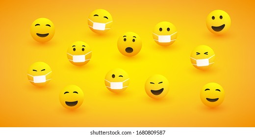 Various Emoticons with Different Facial Expressions and Reactions, with and without Medical Masks - Design Concept of Responsible vs. Easy Going People During the Global Corona Virus Pandemic
