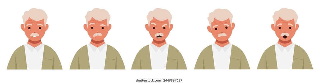 Various emotion and face expression grandfather. Character with different feelings. Angry, happy, crying, worried. Grandfather with various emotions. 
Colored flat vector illustration