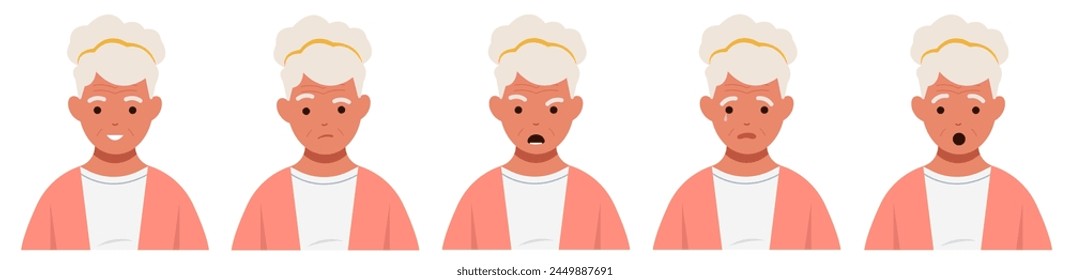 Various emotion and face expression grandmother. Character with different feelings. Angry, happy, crying, worried. Grandmother with various emotions. 
Colored flat vector illustration