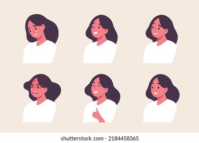 Various emotion and face expression of young woman isolated on background. Character with different feelings and gestures for business, advertising or presentation. Flat vector illustration character.